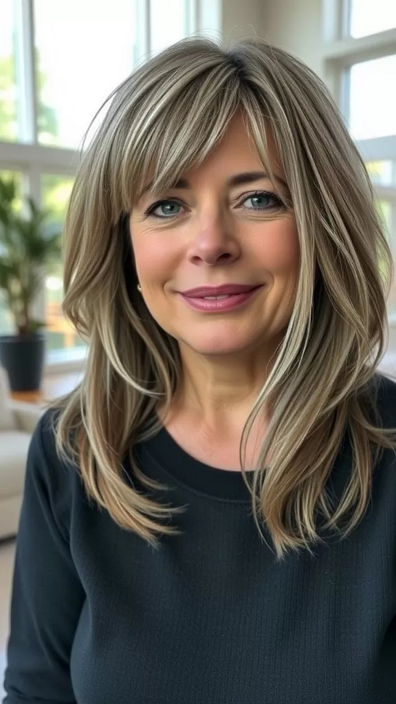 A woman with medium-length feathered hair and side bangs, showcasing a stylish look for women over 50.