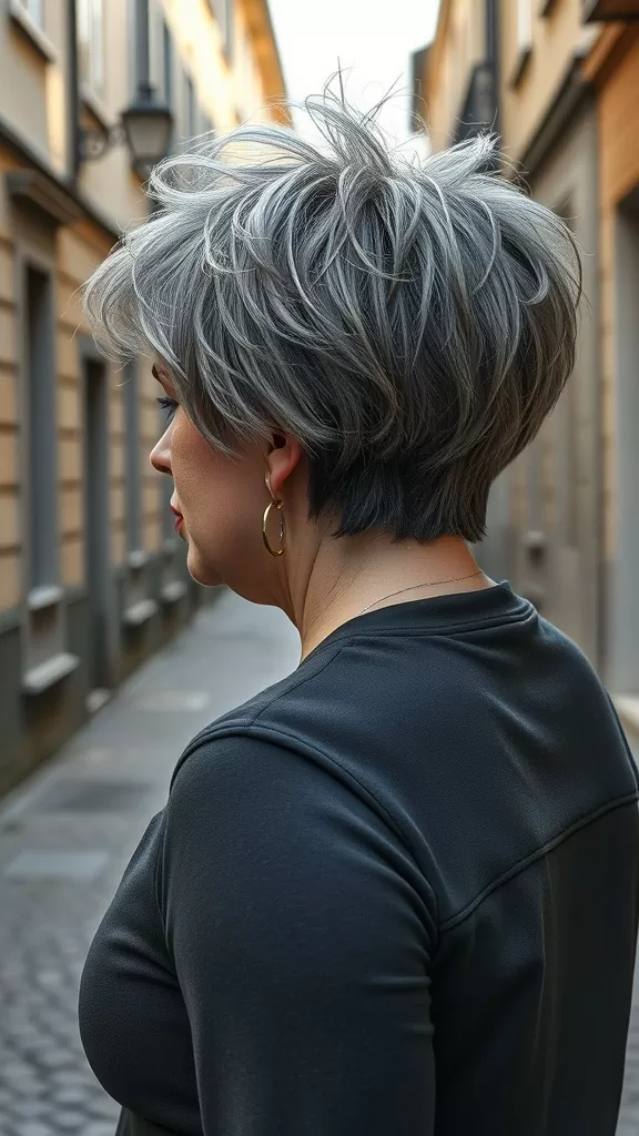A woman with a stylish feathered pixie cut in a street setting, showcasing layers and volume.