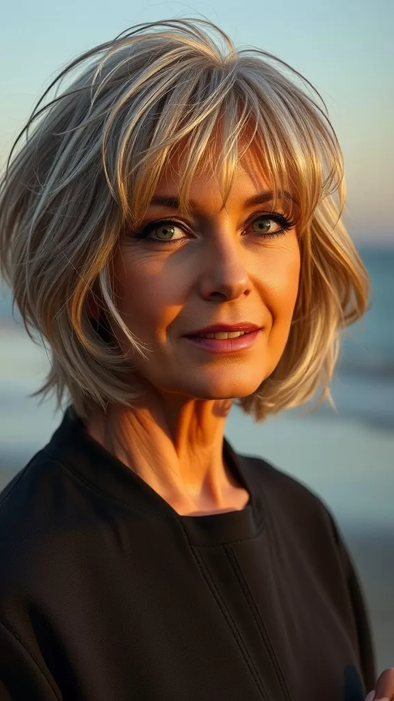 A woman with a feathered shag haircut, showcasing layers and texture, standing outdoors with a serene expression.