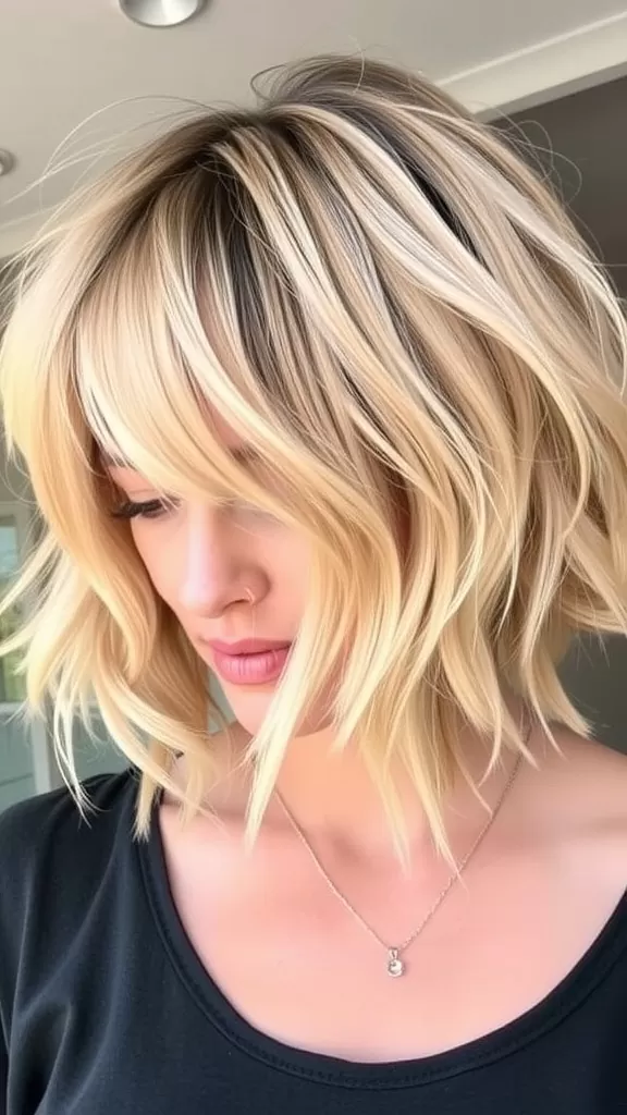 A woman with a feathered shaggy bob hairstyle, featuring layered blonde hair with subtle highlights, looking stylish and chic.