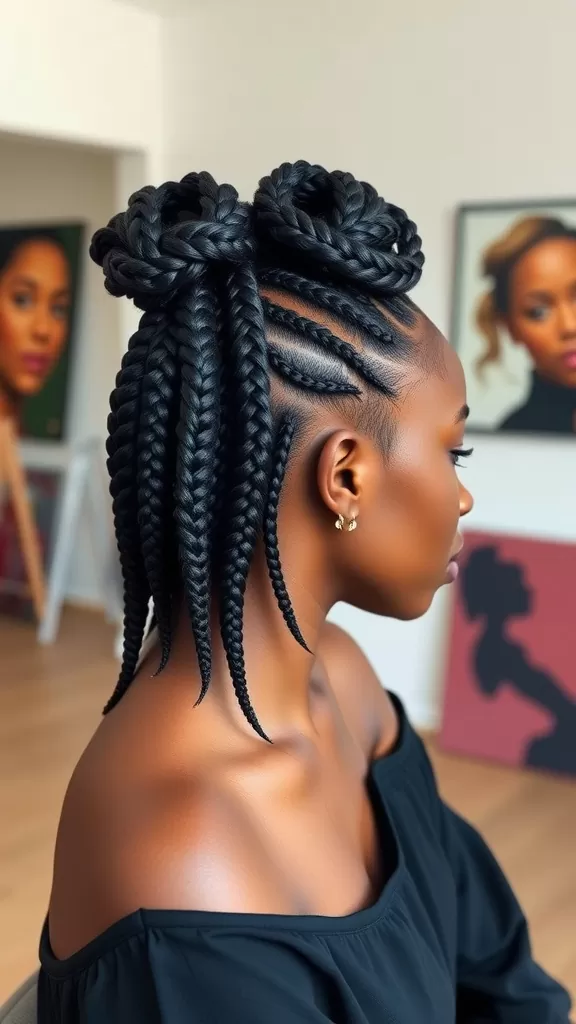 A woman showcasing a stylish feed-in braid hairstyle with neat and flowing braids.