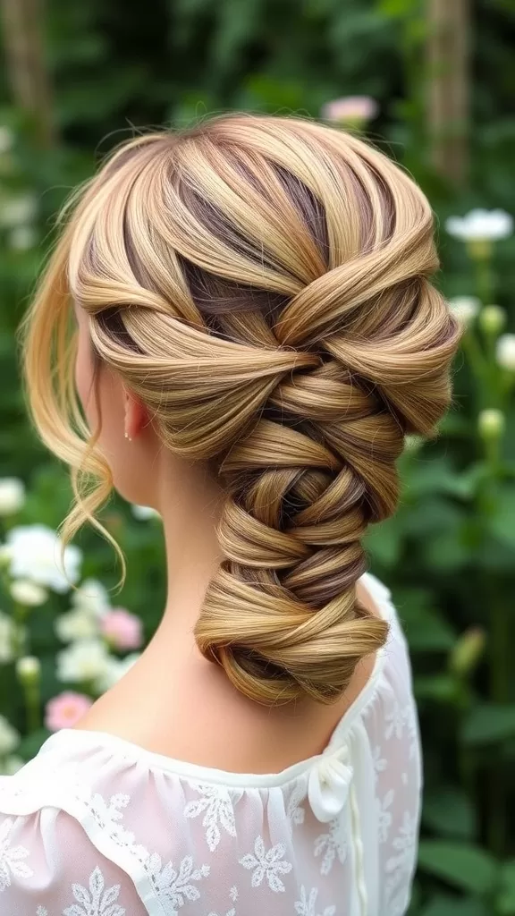 A close-up view of a fishtail braided updo hairstyle, featuring intricate braiding and soft, flowing hair, set against a backdrop of flowers.
