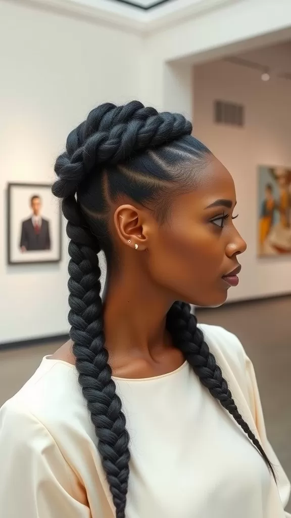 A woman with fishtail braids styled in an updo, showcasing a sophisticated hairstyle.
