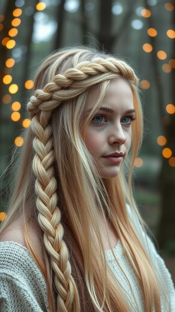 A model with long hair styled in a fishtail crown braid, wearing a cozy sweater in a forest setting with bright bokeh lights in the background.