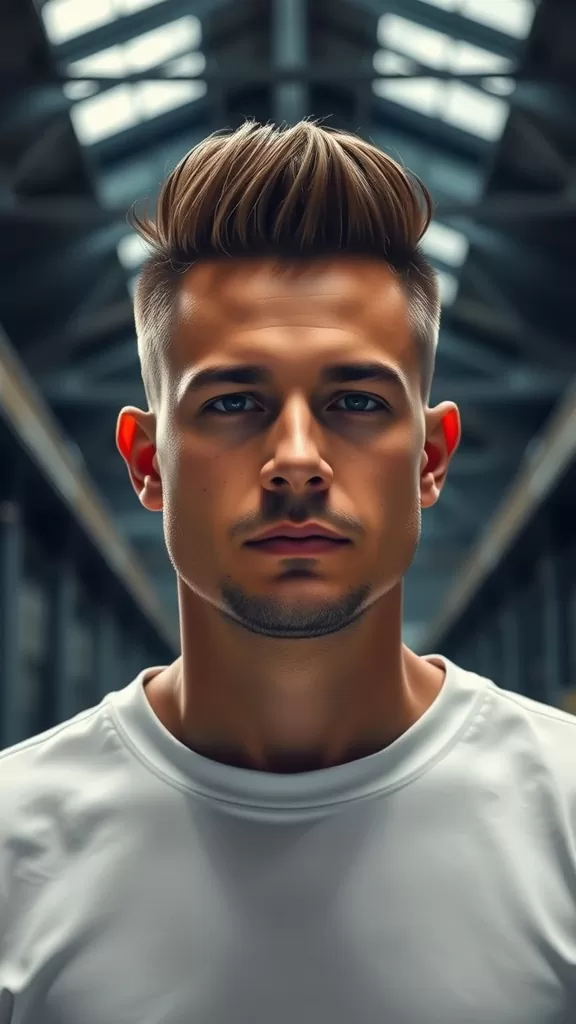 A man with a stylish flat top hairstyle, showcasing volume and a structured look.