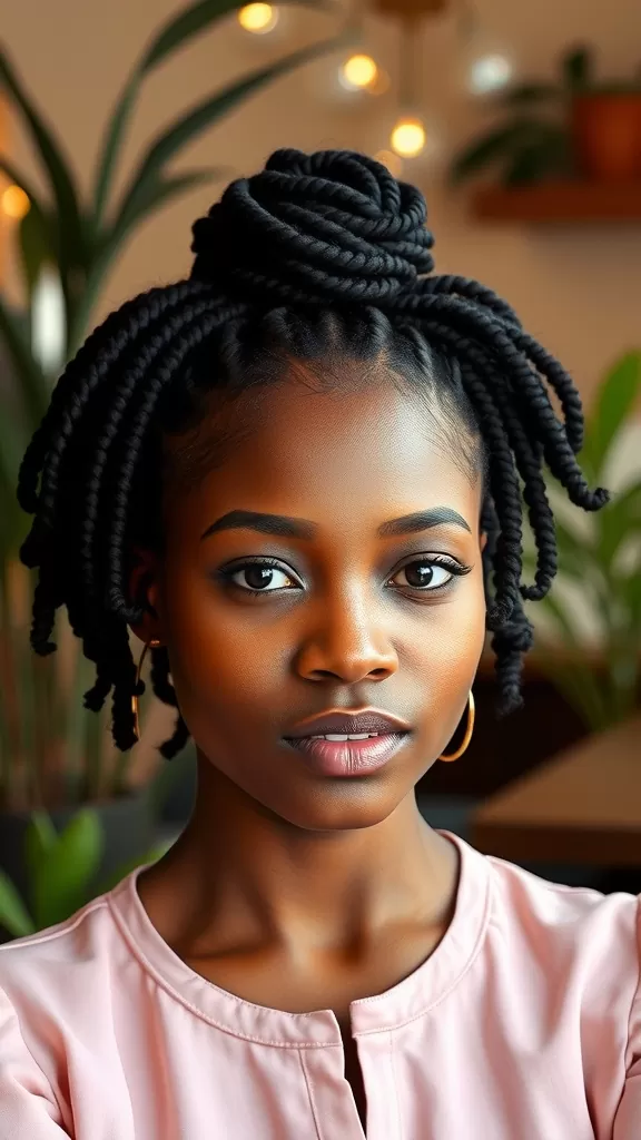 A woman with flat twist bun hairstyle, showcasing a polished and elegant look.