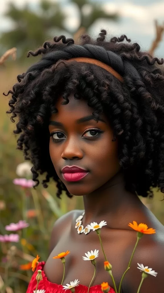 Model with flat twist crown and natural curls surrounded by flowers