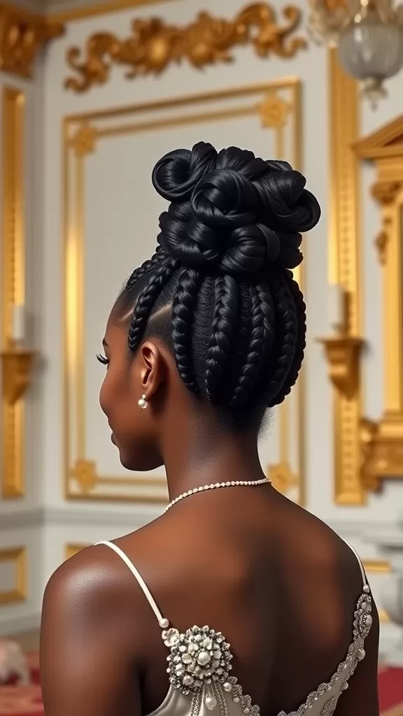 A beautiful flat twist updo hairstyle on a Black woman, featuring elegant rosettes and a polished look.