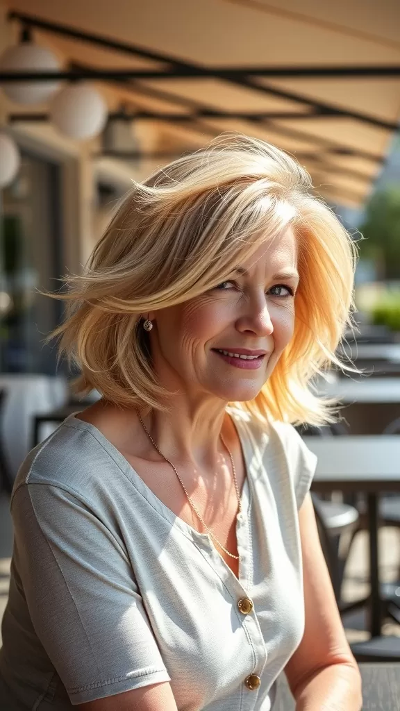 A woman with a flipped-out short bob hairstyle, smiling in a casual setting.