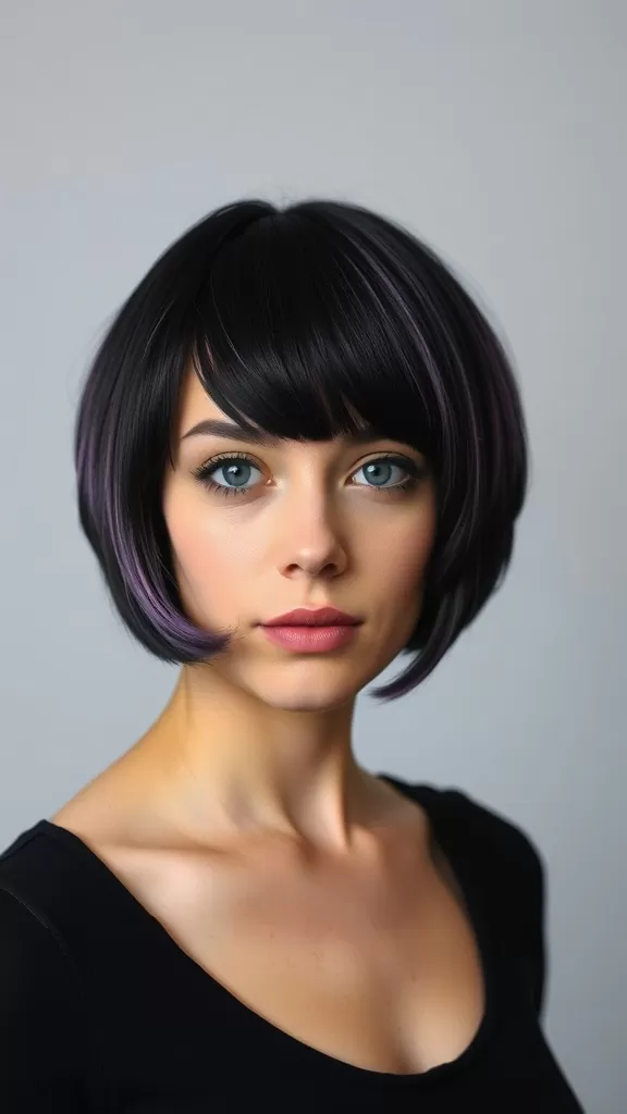 A woman with a flipped out bob haircut, featuring dark hair with purple highlights, smiling at the camera.