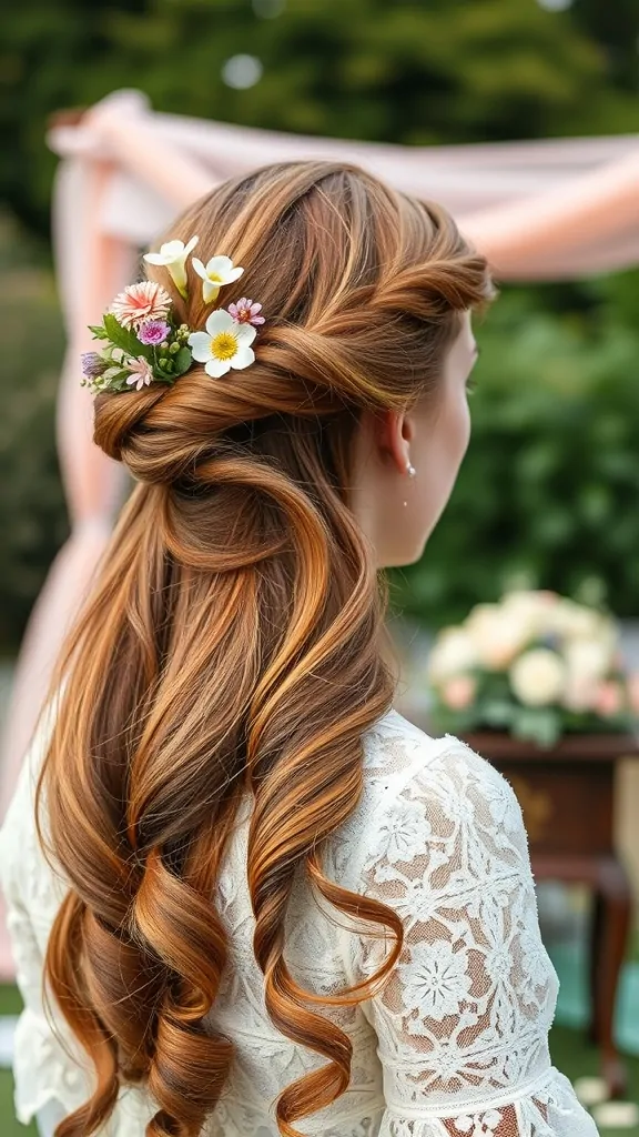 A woman with long hair styled in a floral half-up twist, featuring curls and small flowers.