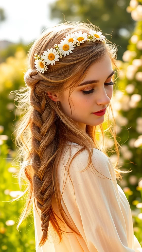 A woman with long hair styled in a braid, adorned with a crown of daisies.