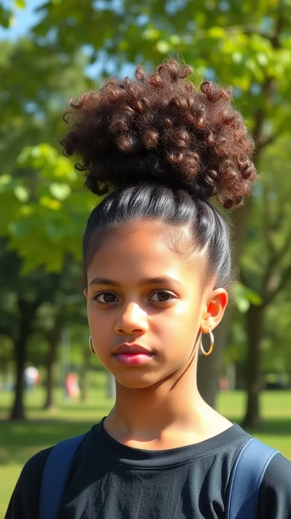 A girl with a fluffy high puff hairstyle, showcasing defined curls and sleek edges, set against a green background.