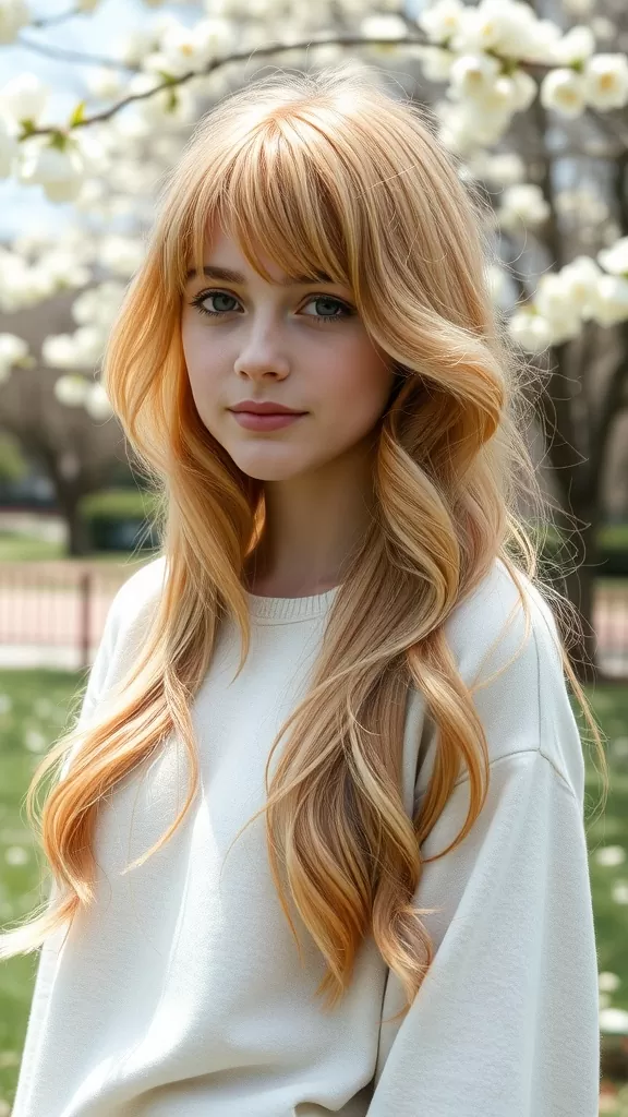 A young woman with long, fluffy layered shag hair and curtain bangs, standing in front of blooming flowers.