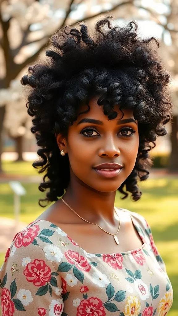 A woman with fluffy curly hair styled in a puff with side-swept bangs, wearing a floral dress.