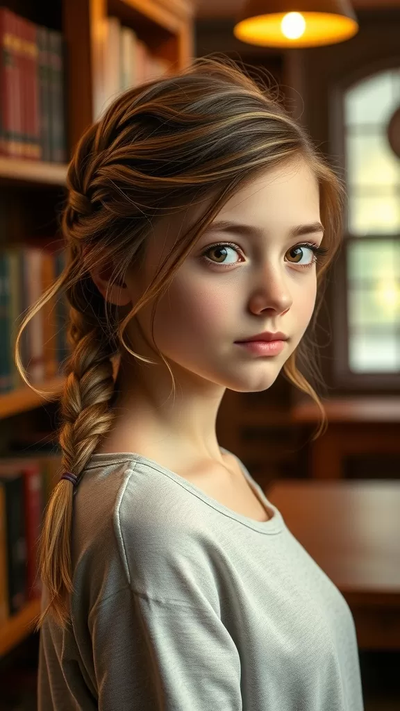 A young girl with a French braid transitioning into a low bun, showcasing a neat and stylish hairstyle.