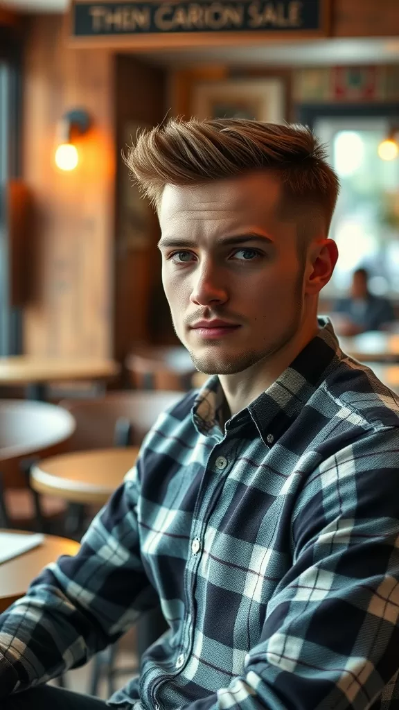 A young man with a French Crop hairstyle, wearing a flannel shirt, sitting in a café.