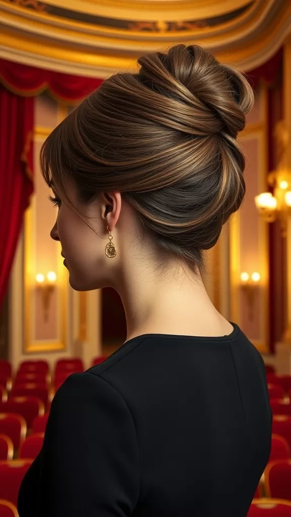 A woman with a sophisticated French Twist hairstyle, showcasing long hair in a stylish updo.