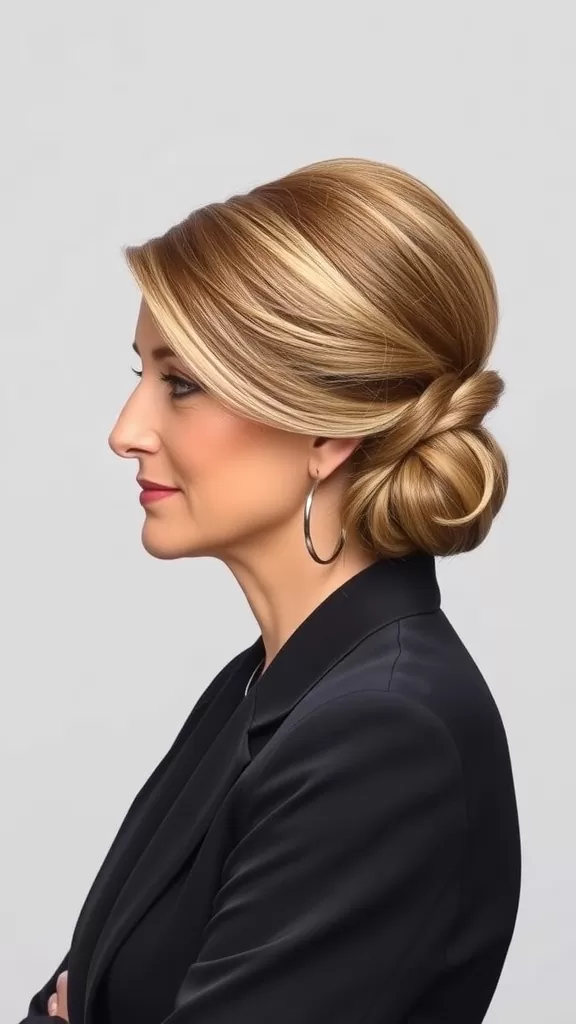 A woman showing off a stylish French Twist hairstyle, showcasing smooth, shiny hair with soft highlights.