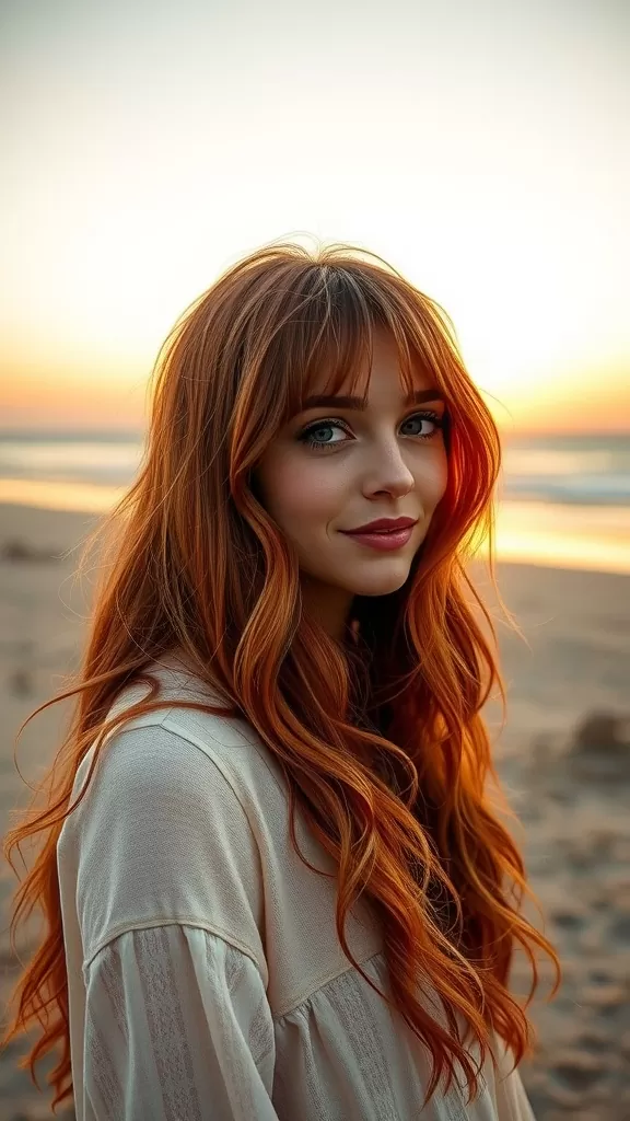A woman with fringed bangs and boho waves standing on a beach at sunset.