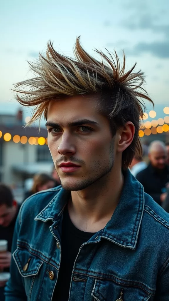 A young man with spiky hair styled with frosted tips, wearing a denim jacket.
