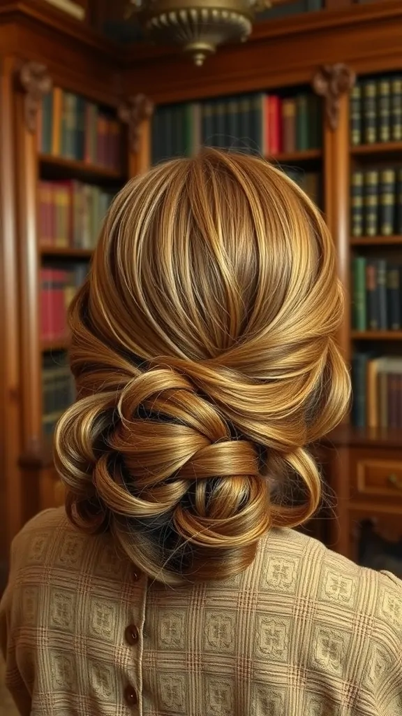A close-up view of a woman with long hair styled in a Gibson Roll, showcasing elegant golden hues and soft waves, set against a vintage library backdrop.