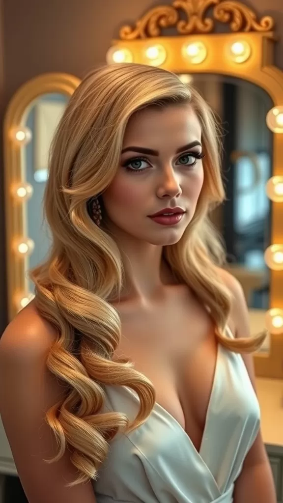 A woman with glamorous waves hairstyle, wearing a stylish outfit with a soft glow.