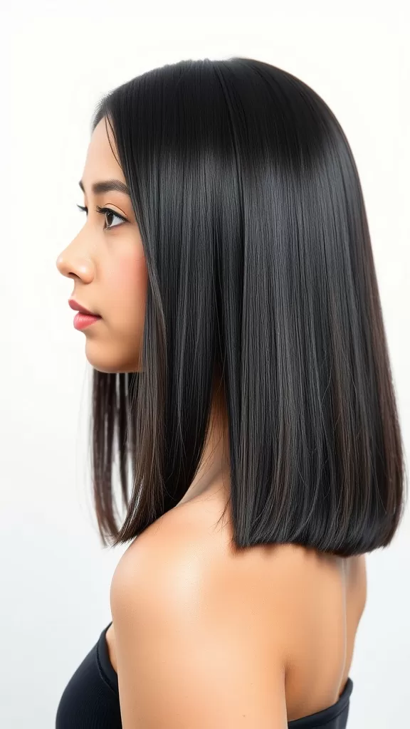 A woman with long, straight, glossy black hair, showcasing the glass hair trend