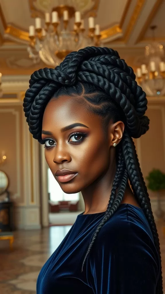 A woman with an elegant goddess braids updo, showcasing intricate braids styled beautifully.