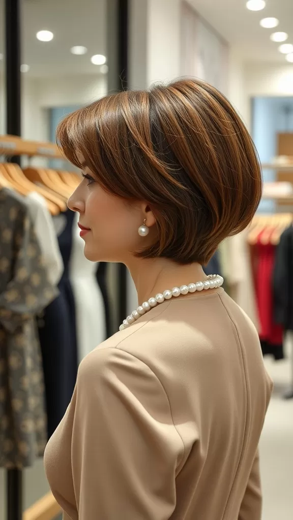 A woman with a graduated bob hairstyle, showing a stylish side profile. She wears a pearl necklace and has a softly highlighted hair color.