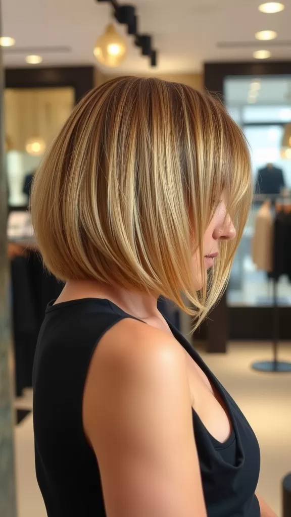 A woman with a graduated layered bob haircut, showcasing smooth layers and a stylish look.
