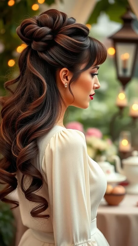 A woman with long, wavy hair styled in a half-up bouffant, showcasing a vintage hairstyle.