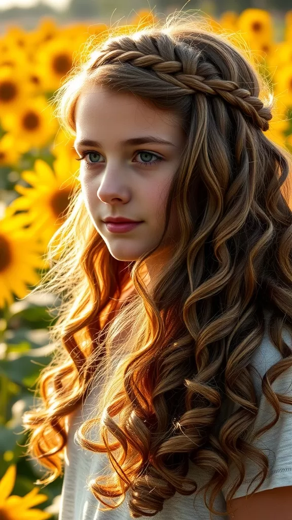 A girl with a half-up braid and loose curls standing in a sunflower field.