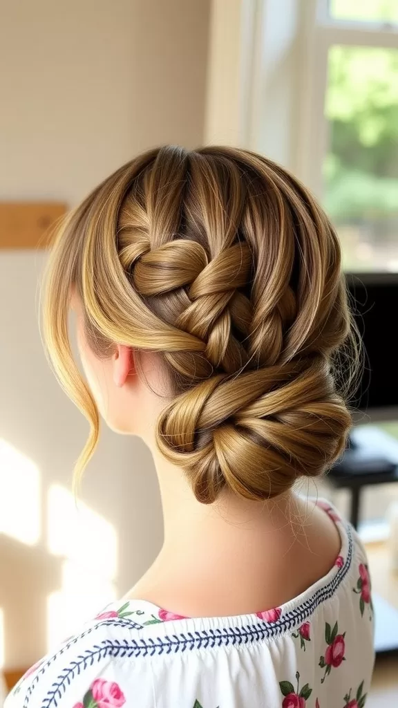 A woman with medium-length hair styled in a half-up braided bun, showcasing elegant braiding and a soft bun.