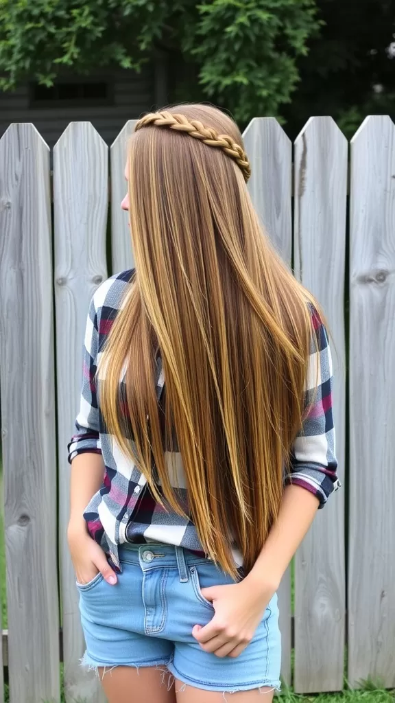 A woman with long hair styled in a half-up braided crown, wearing a plaid shirt and denim shorts.