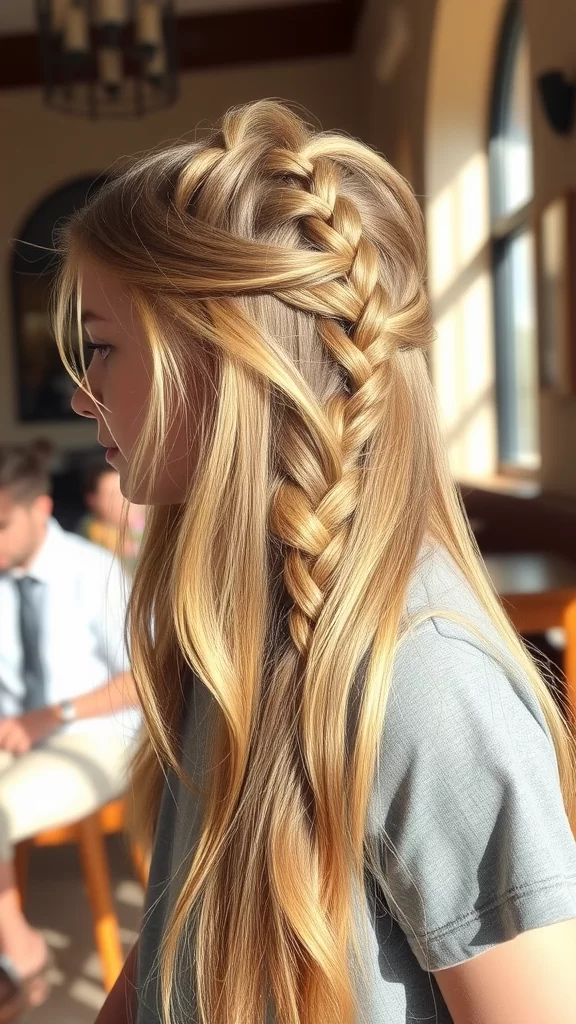 Half-up fishtail braid hairstyle with long blonde hair
