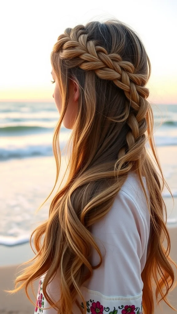 A woman with long hair styled in a half-up fishtail braid by the beach, showcasing soft waves and a relaxed vibe.