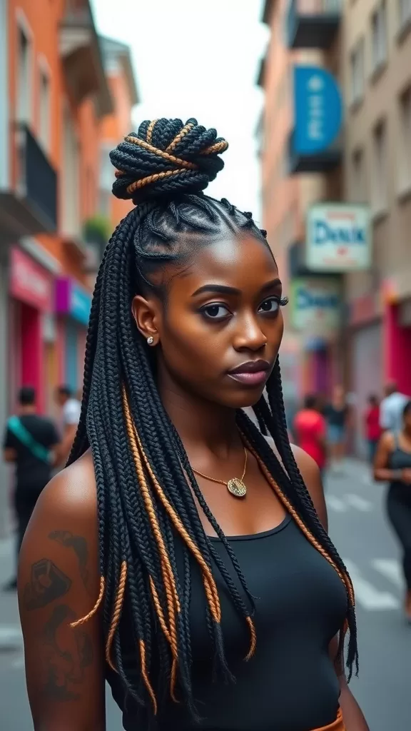 A woman with half-up, half-down braids styled in a top knot, showcasing a vibrant street background.