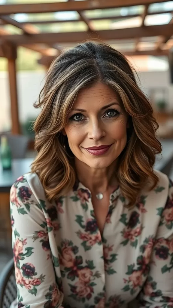 A woman with a half-up, half-down hairstyle, smiling, with soft waves and a floral shirt.