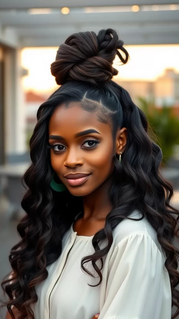 A woman with a half-up knot hairstyle featuring loose waves, wearing a light-colored top and green earrings.