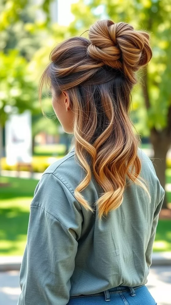 A woman showcasing a Half-Up Messy Twist hairstyle with cascading wavy hair in a park setting.