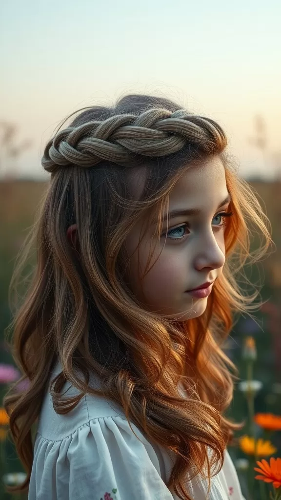 A girl with a half-up twisted crown hairstyle, showcasing soft waves and floral background.