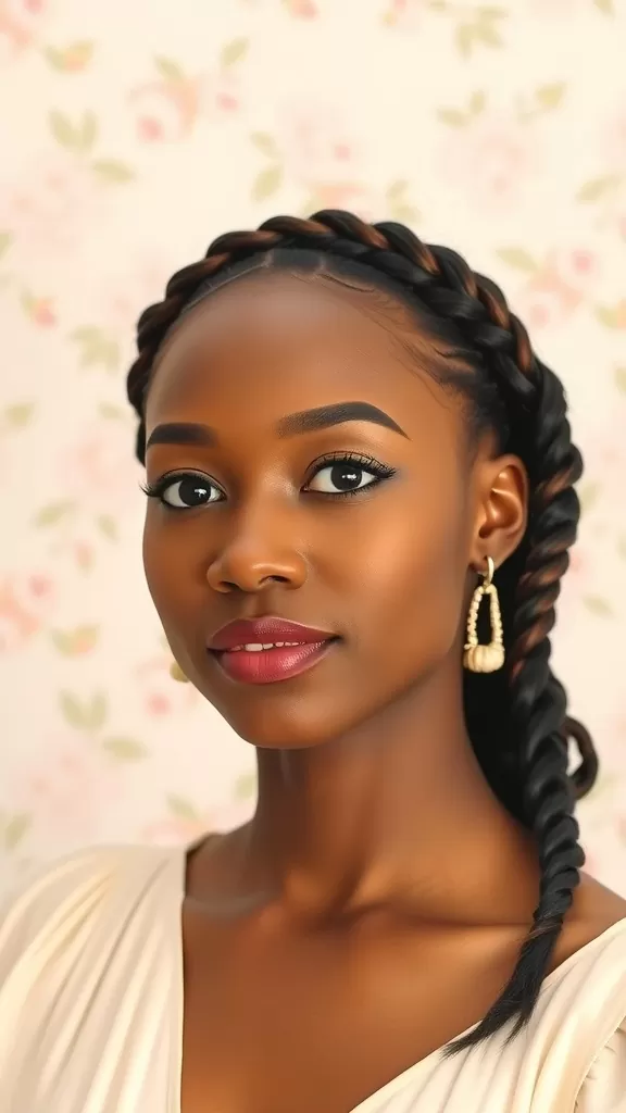 A woman with a halo braid updo and elegant earrings against a floral background.