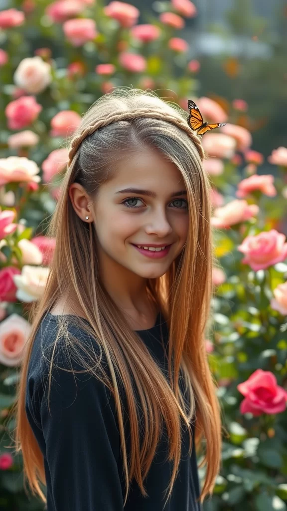 A girl with a halo braid hairstyle surrounded by pink roses and butterflies.