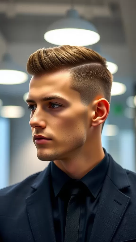 A young man with a hard part hairstyle and fade, wearing a black suit and tie.