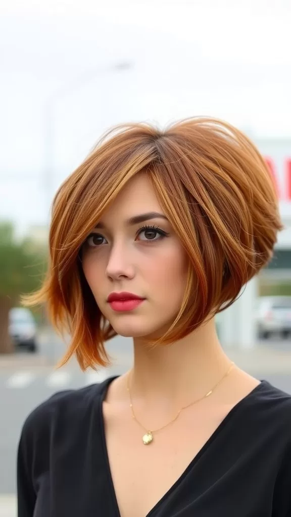 A woman with a high-volume bob haircut, featuring auburn hair, styled with soft waves, looking confidently at the camera.