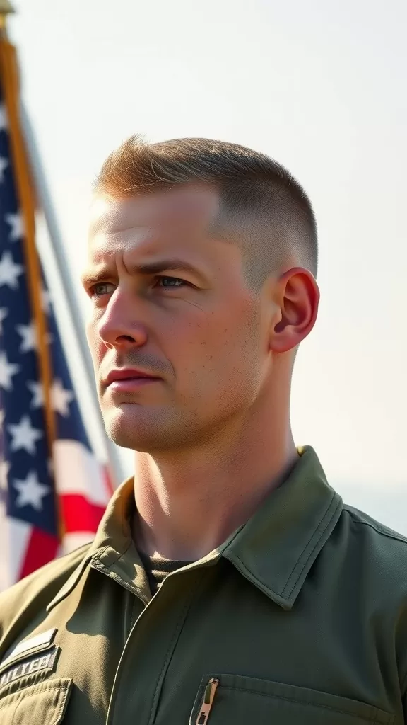 A man with a high and tight hairstyle standing in front of an American flag.