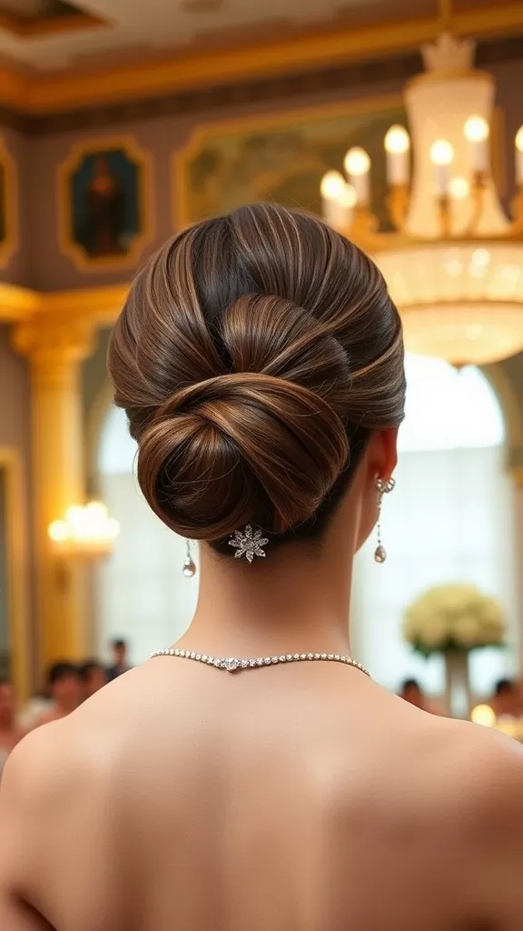 A woman with a high ballet bun hairstyle adorned with rhinestone pins, viewed from the back in an elegant setting.