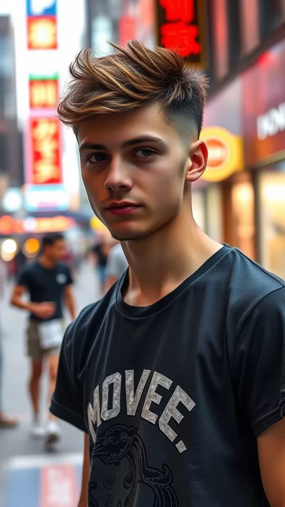 Young man with a high fade haircut and textured top, standing in an urban setting.