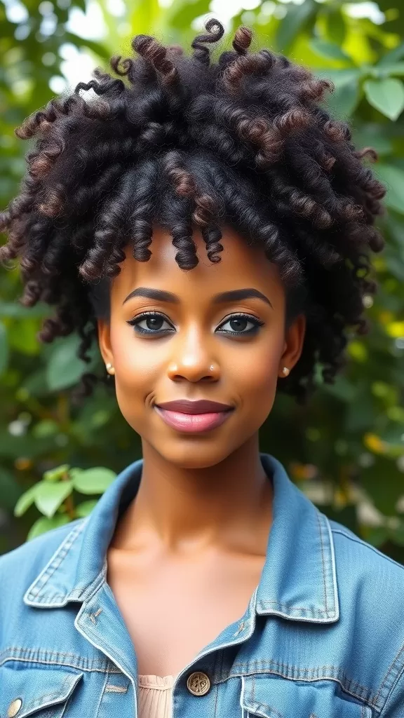 A woman with a high messy bun and curly fringes, showcasing natural curls.